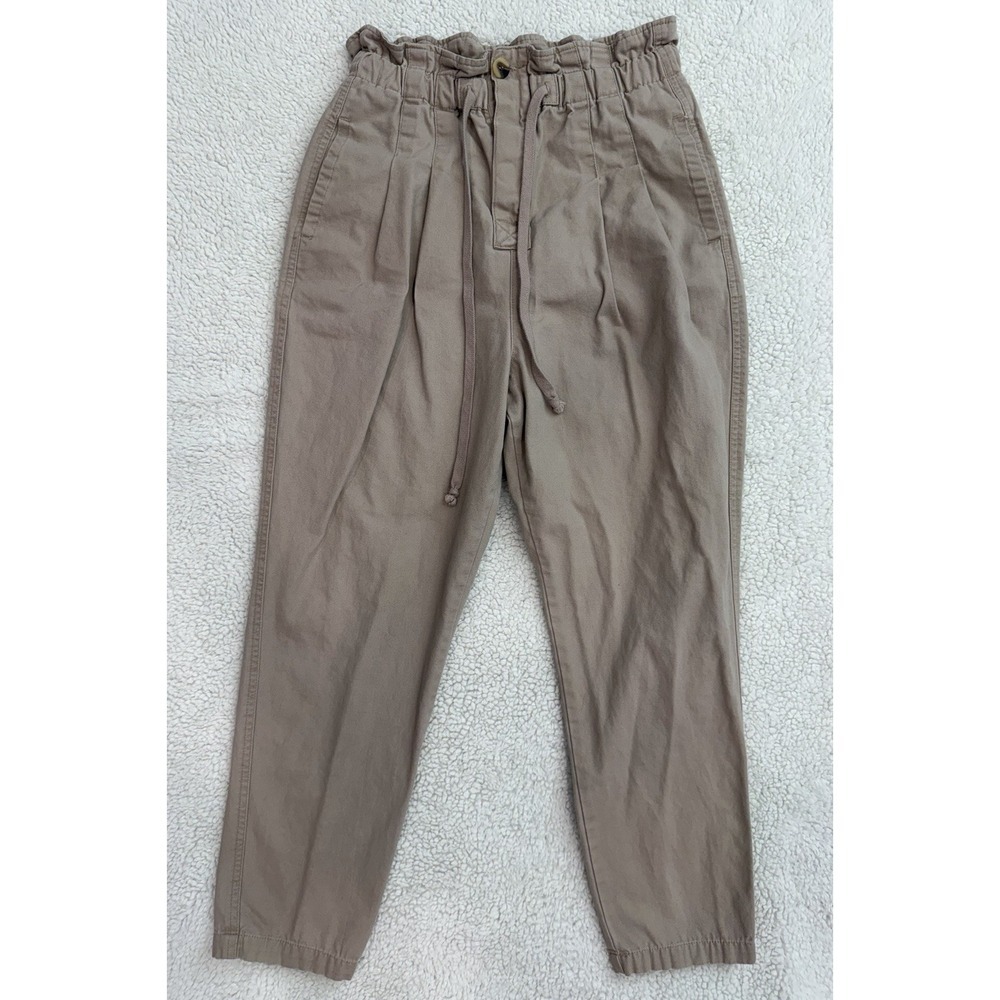 Zenana Paperbag Waist Cotton Pants Medium Tan Tapered Casual Drawstring Pockets